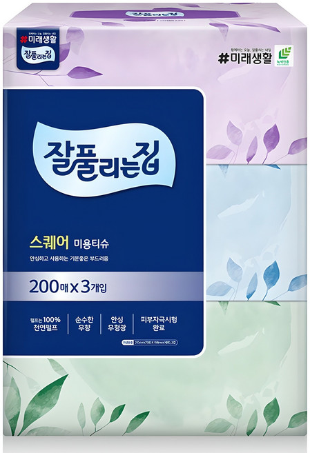 잘풀리는집 스퀘어 천연펄프 미용티슈 2겹, 200매, 3개