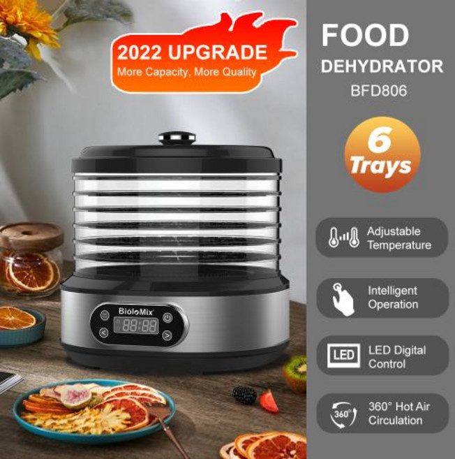 야채 건조기 과일 BioloMix BPA FREE 탈수기 디지털 타이머 및 온도 제어 고기 쇠고기 육포 트레이 5 개, 영국, 110V, 11)BFD806 6 Trays