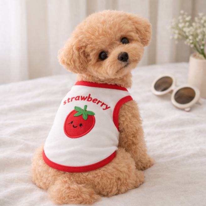 펫누아 강아지 옷 여름 민소매 딸기 티셔츠 귀여운 애견 의류 소형견 중형견, 1개, 화이트&레드