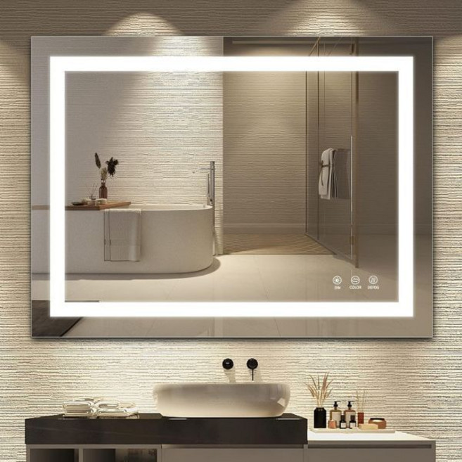 TATU LED 욕실 거울 36x28 인치 화장대 벽걸이형 3000K-6000K 조절 가능 김서림 방지 스마트 터치 버튼 무단 가능한 조명 화장 가로/세로 사용, 28"L x 36"W, 1개