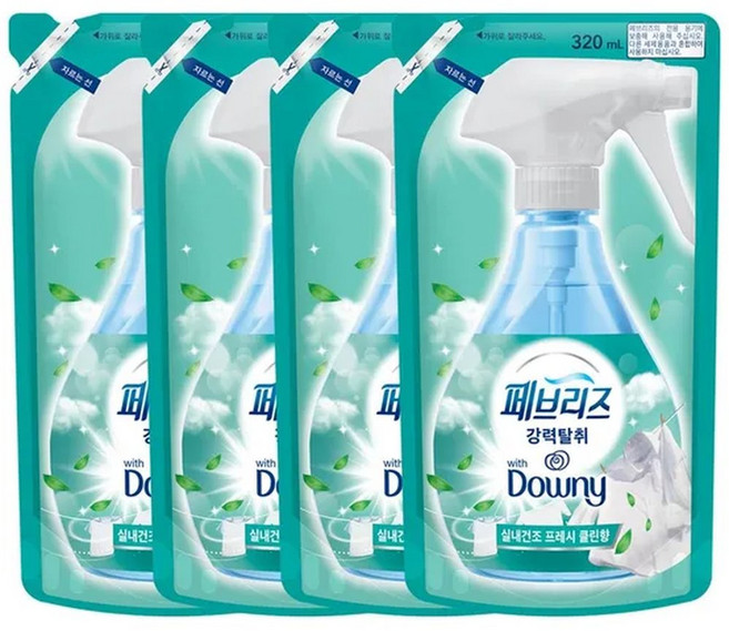 굿바이25섬유탈취제 리필 320mlX4개 다우니 실내건조 프레쉬 클린향/페 브 리 즈, 320ml, 4개