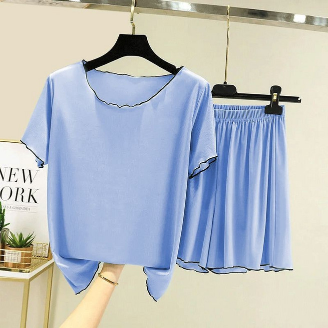 大尺碼冰絲套裝女夏季兩件套睡衣