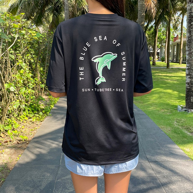 여성 래쉬가드 수영복 빅사이즈 루즈핏 반팔티 SW19803F, 블랙/M[90~95]