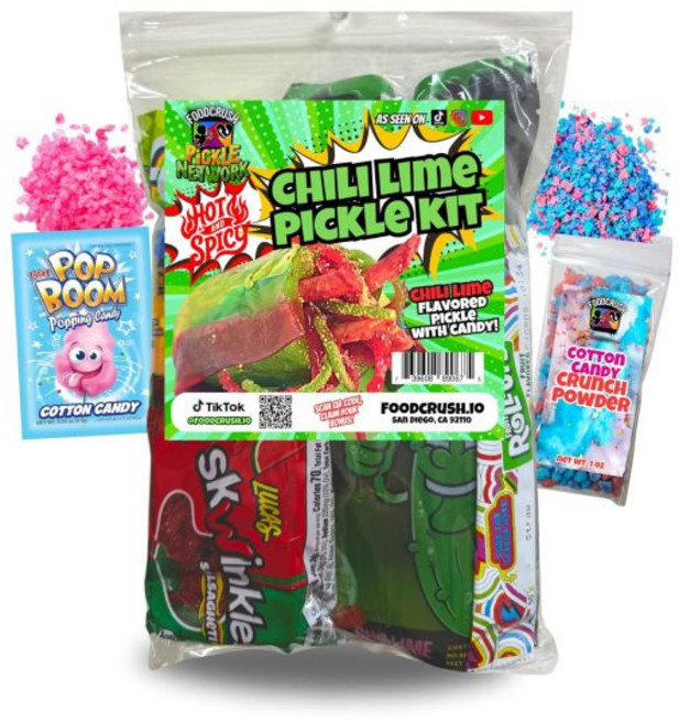 롤업 젤리 솜사탕 피클 키트 틱톡 캔디 선물 파우치 13개 10대와 생일 틱톡에서 있는 과일 스윙클스 살사게티 멕시코 간식 다양팩 by Food Crush, 핫 라임 피클 키트, 1개