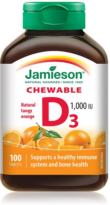 [제이미슨] 츄어블 비타민D3 1 000 IU 100정 x 3병 캐나다 내수용 건강식품 베스트셀러, 1개