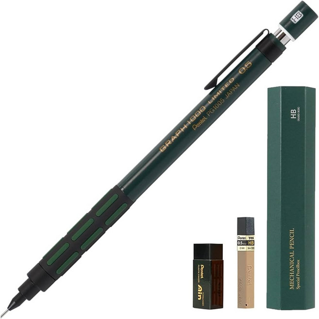 펜텔 그래프1000 링리프 한정판 샤프 심 지우개 케이스 세트 레트로 그린, 1개, 0.5mm