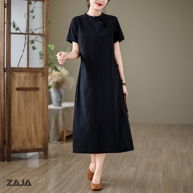 ZAJA 여성 린넨 원피스 여름 반팔 롱원피스 체형커버 데일리룩 중년원피스