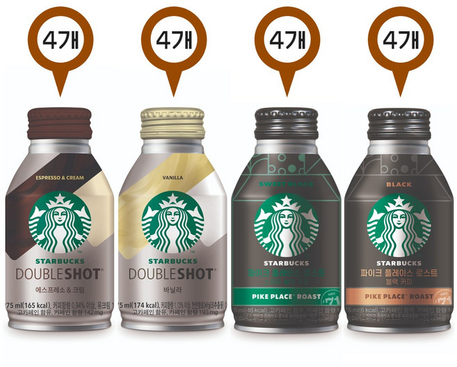 스타벅스 캔커피 4종세트 (더블샷 에스프레소앤크림+바닐라+파이크플레이스로스트블랙+파이크플레이스스위트블랙), 16개, 275ml
