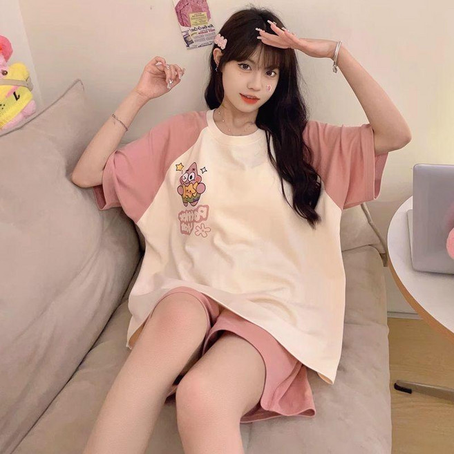 大碼短袖睡衣套裝，可愛卡通圖案，夏季寬鬆居家服