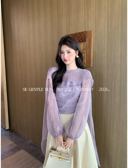 2026년 봄 라운드넥 니트 배색 텐셀 스카프 쉬폰 블라우스