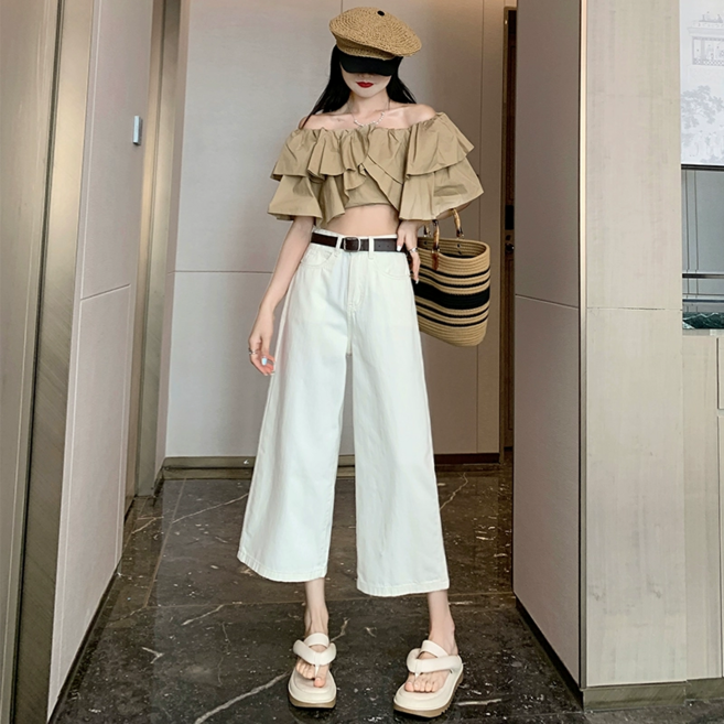 SAHINER 여름 하이웨스트 스트레이트 데님 팬츠 여성 와이드 9부 청바지 LBKZ06