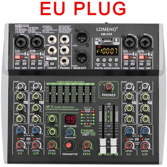 오디오믹서 팟캐스트 미니 4/6 채널 사운드 오디오 믹서 개별 48V 99 DSP 효과 믹싱 콘솔 블루투스 USB PC 재생 레코드 AM-AX4 6, CHINA, 3.6 channel EU plug