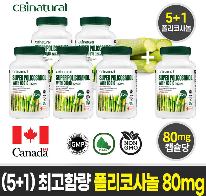 최고함량 폴리코사놀 80mg + 코큐텐 30mg 120캡슐 4개월분 캐나다생산 본사직발송, 6개