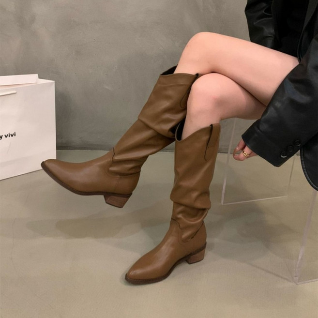 POMTOR 여성 고급 패션 발편한 브이컷 웨스턴 통굽 미들힐 롱부츠