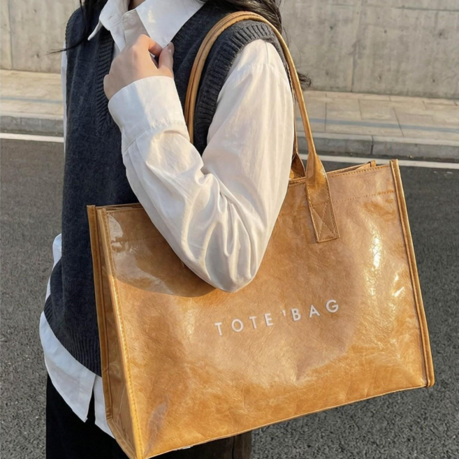 페이지샵 내추럴 크래프트 텍스처 PVC 사각 숄더백 토트백 투웨이백 보부상백