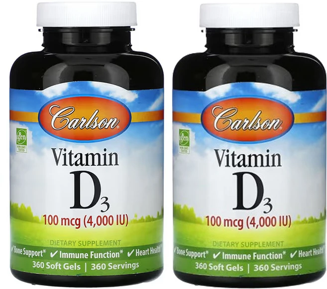 칼슨 비타민D3 100 mcg (4 000 IU) 360소프트젤, 2팩, 360정 - 쿠팡