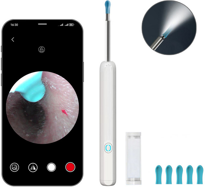 MountainWter 스마트폰 LED 내시경 귀이개 귀후비개 500W고화질카메라귀이개 LED 조명 소프트헤드 Type-C충전, 1개입, 1개, 흰색