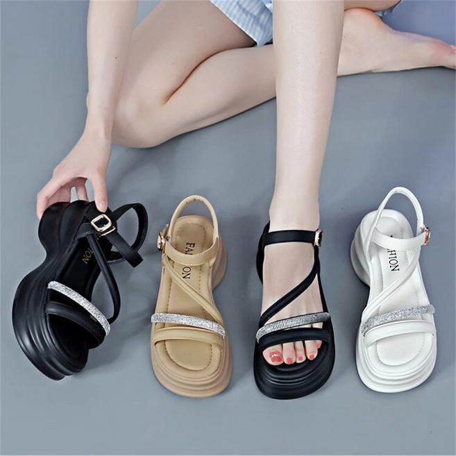 여성 스트랩 샌들 7cm 키높이 웨지힐 통굽 발편한 쿠션 진주 반짝이 가보시 AI35