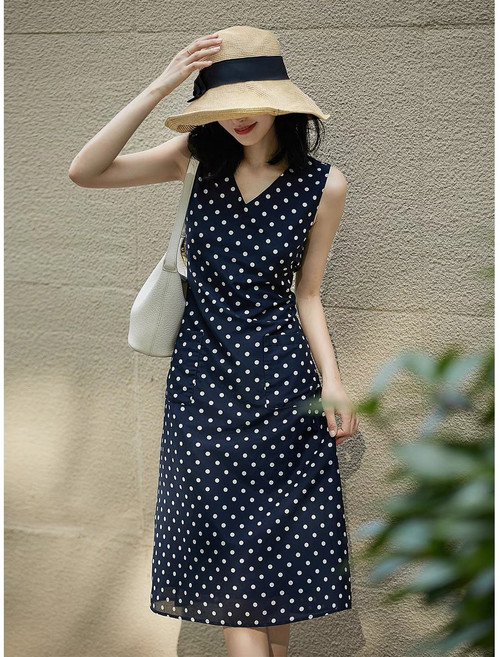 POMTOR 여름 여자 민소매 도트 원피스 미디 A라인