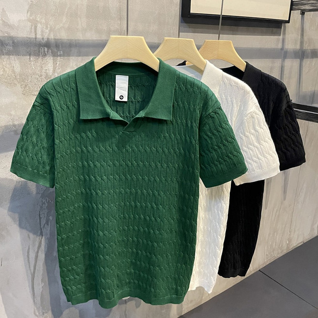 ROYALBELLE 남성 카라넥 꽈배기 니트 반팔 티셔츠 단색 루즈핏 티셔츠 E0061024