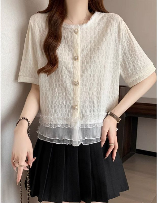 SAHINER 여성 반팔 블라우스 레이스 플리츠 진주 단추 데일리 ATX82