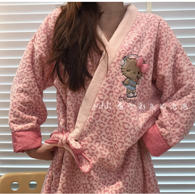 키티 레오파드 수면가운 극세사 샤워가운 로브 + 헤어타월 세트, 1개, 핑크 로브