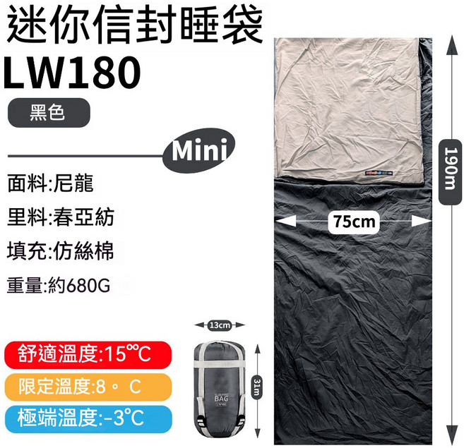 迷你信封睡袋 LW180 藍色, 黑色【送枕頭＋收納袋】, 1個
