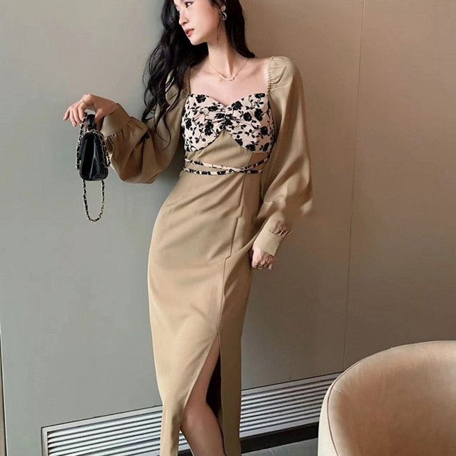 예니브 여성용 봄가을 스퀘어넥 고급 앞 트임 플라워 원피스 우아한 슬림 롱원피스