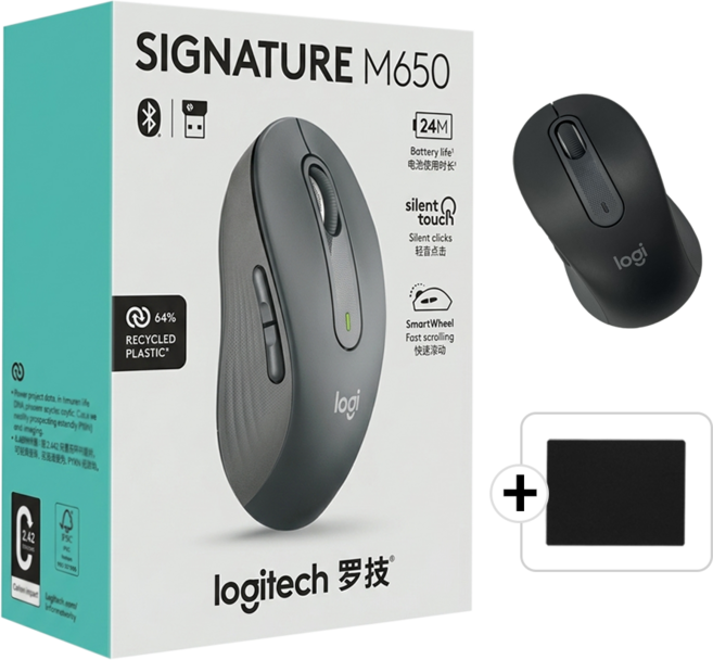 로지텍 M650 SIGNATURE 무소음 무선 마우스 M650L 병행+스토리링크 패드, +스토리링크 마우스 패드, 로지텍 M650_그래파이트