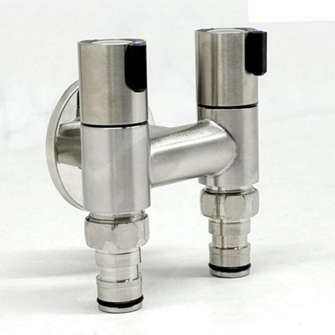 세탁기 수도꼭지 다용도 스테인리스 베란다 2구 수도꼭지 연결 무광 슬림 액세서리 물공급 전환기 물호스, 온수