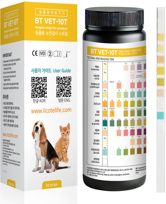강아지 소변검사스트립 검사스틱 당뇨혈뇨 단백뇨 건강진단 동물용 고양이 50회, 50개, 1g