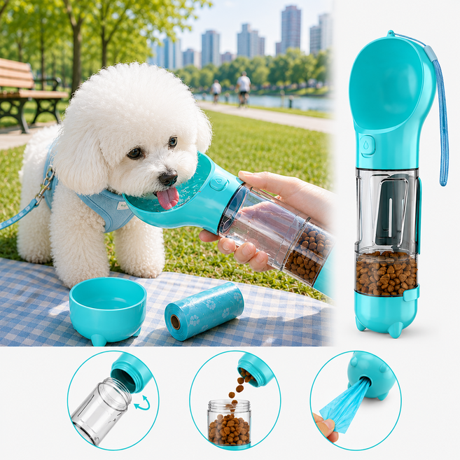 루미피티 강아지 산책용 4in1 물병 300ml (급수+간식+배변봉투+삽) 반려견 휴대용 물통, 민트, 1개