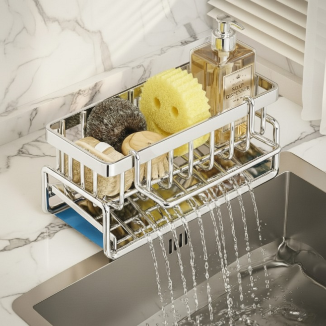 라운드샵 올 스텐 물빠짐 수세미 거치대, 1개, 실버