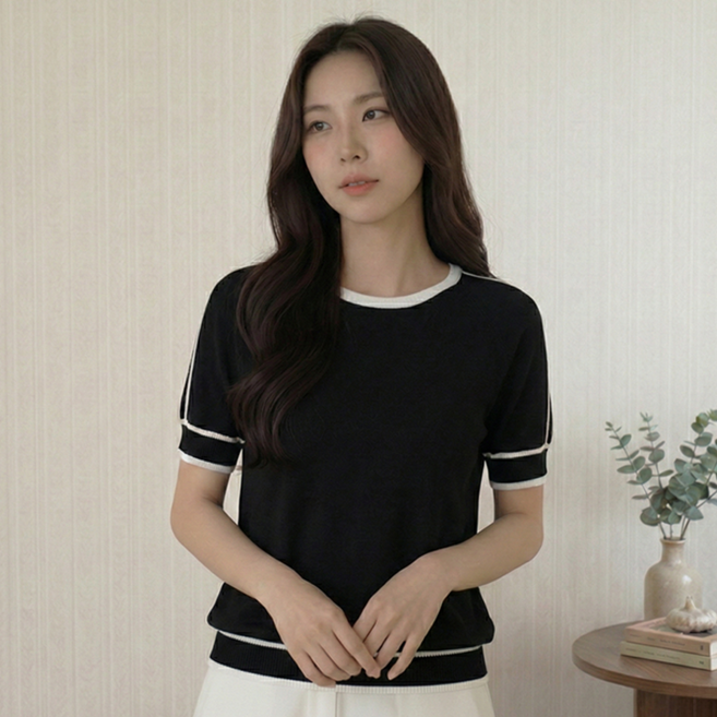 데일로엔 여성 여름 데일리 배색 포인트 니트 반팔 티셔츠
