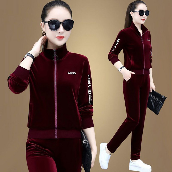 ROYALBELLE 여성 벨벳 엄마 트레이닝 세트 루즈핏 지퍼 스탠드넥 긴팔티 + 긴바지 캐주얼 데일리 투피스 M0091018