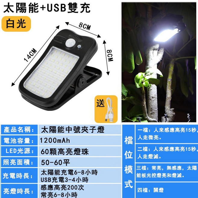 太陽能USB雙充夾子燈 60顆燈珠 1200mAh, 白光（60LED燈珠）, 白光