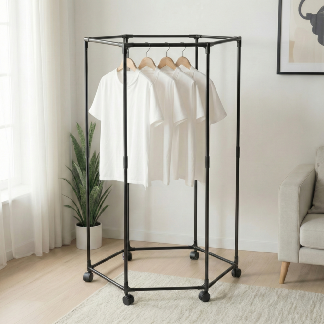 홈위시 이동식 육각형 튼튼한 360도 회전 철제 행거, 블랙