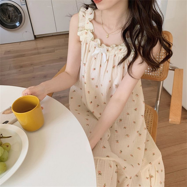 야오야오 리티 프릴 리본 나시 민소매 원피스 잠옷