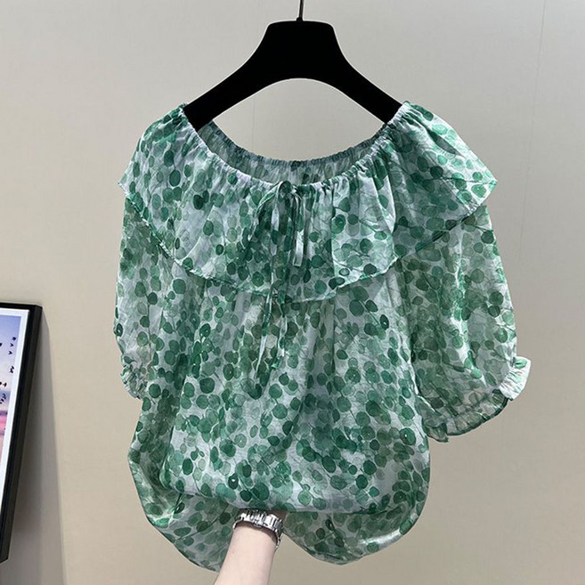 ROYALBELLE 여성 오프숄더 잔꽃무늬 프릴 리본 반팔 러블리 스타일 루즈핏 쉬폰 블라우스 K040117