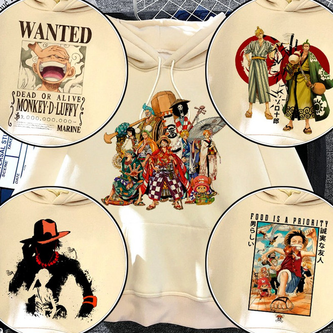 애니 원피스 코믹카툰 해적단 후드티 100-110 기모안감 루피 조로 상디 에이스 프린팅 티셔츠