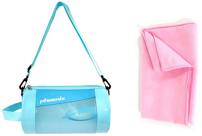 피닉스 원형수영가방+실버스핀 건식타올, 블루+핑크