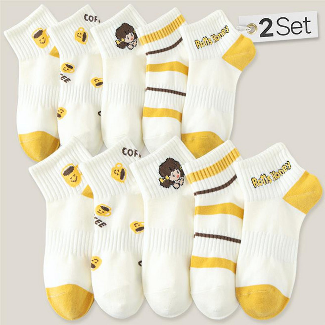 쿠밍 여성용 패션 데일리 코디 포인트 단목 발목 양말 10켤레 옐로우 그린 세트