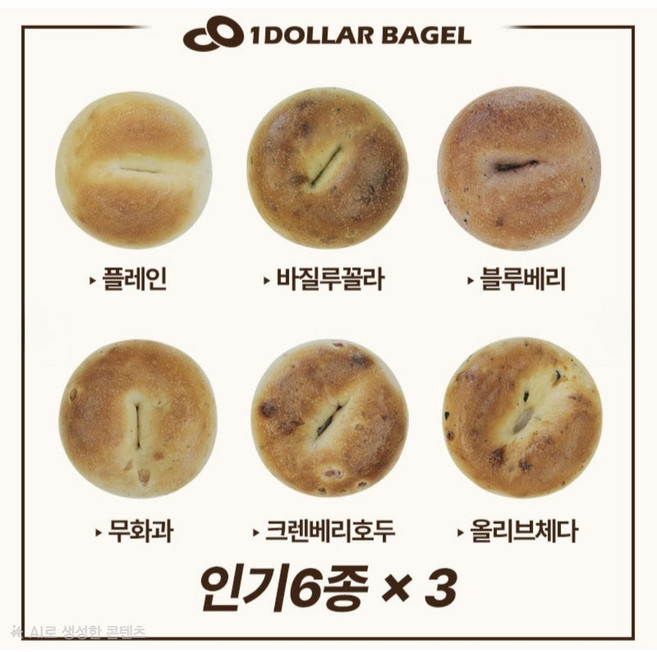 1달러 수제화덕베이글 총 18개 6종류 3개씩 플레인 크랜베리호두 블루베리 무화과 등, 120g