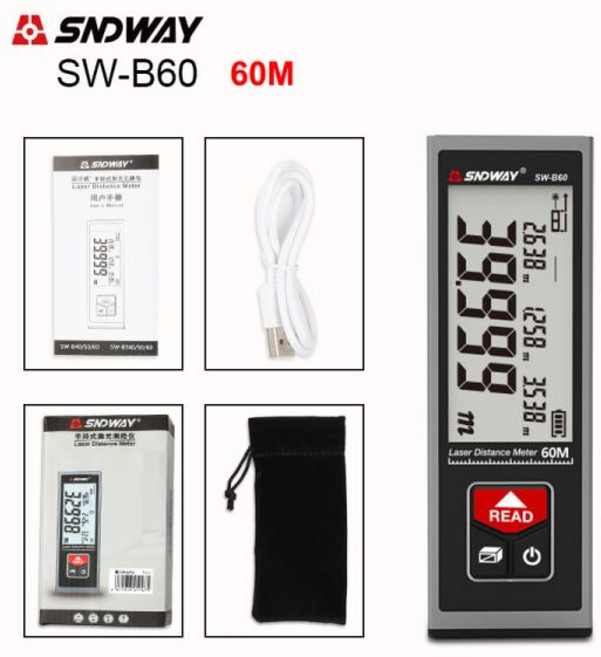 SNDWAY 휴대용 레이저 거리 측정기LCD 디지털 디스플레이전자 줄자40m60m 세그먼트, 1개