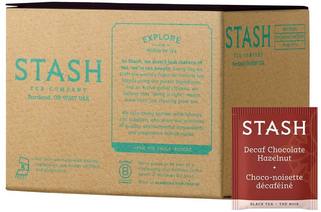 Stash Tea 디카페인 초콜릿 헤이즐넛 홍차 티백 100개 박스, 1개