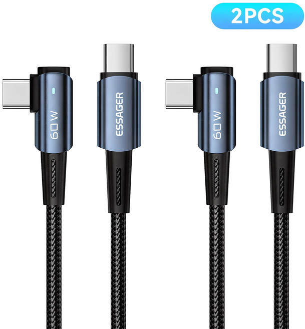 Essager PD 60W C to C타입 엘보 90도 L자형 고속충전 케이블 2개입, 블루, 2개, 2m