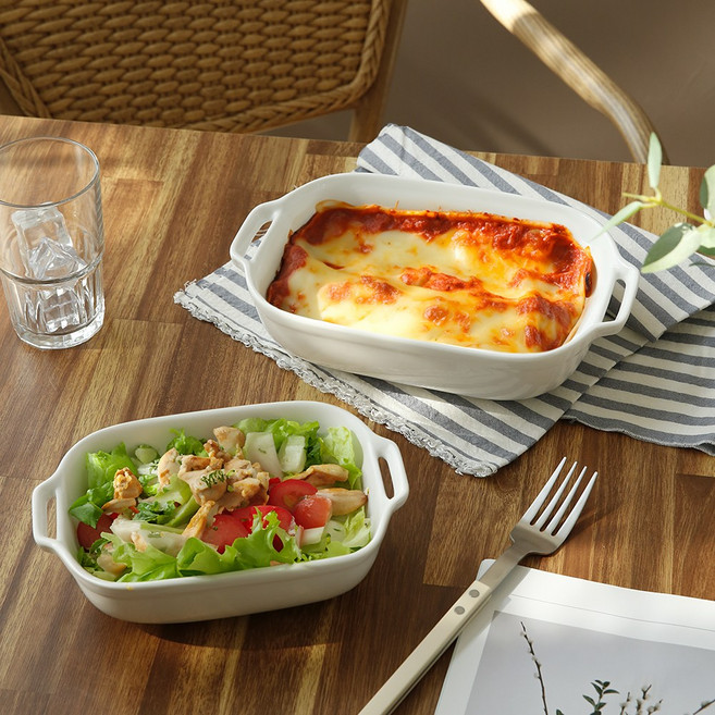 양손잡이 도자기 오븐볼 그라탕기, 1개, 화이트 대