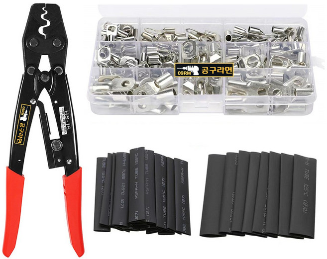 공구라면 ( 09RM ) 터미널 링단자 100pcs+압착기세트, [선택1] 압착기+링단자100p+열수축튜브120p, 1세트