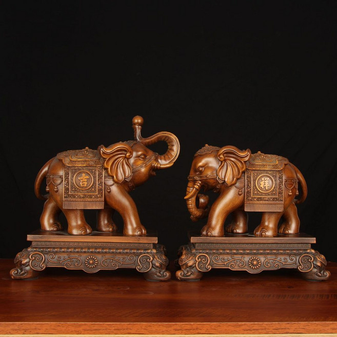 大象擺件一對 納福聚財裝飾品 客廳玄關喬遷開業禮品, 木紋吉祥對象,300*155*260MM 右:315*