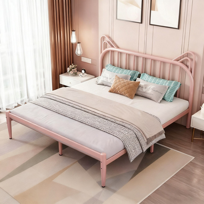 BIIMTEE 견고한 철제 침대 프레임 고양이 귀 스타일 SS/Q/K (매트리스 미포함), 핑크색